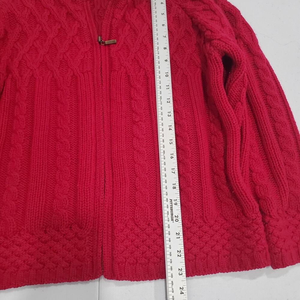 Aran Sweater Market Sweater Cardigan Womens Large Red Merino Wool Cable Zip - Picture 4 of 6